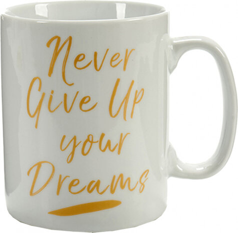 koffiemok Never Give Up 500 ml porselein goud/wit