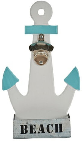 bieropener anker 33 cm hout/staal wit/turquoise