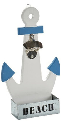 bieropener anker 33 cm hout/staal wit/blauw
