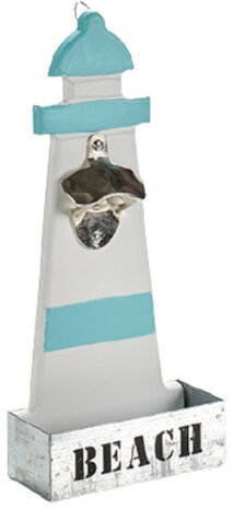 bieropener vuurtoren 31,5 cm hout/staal wit/turquoise