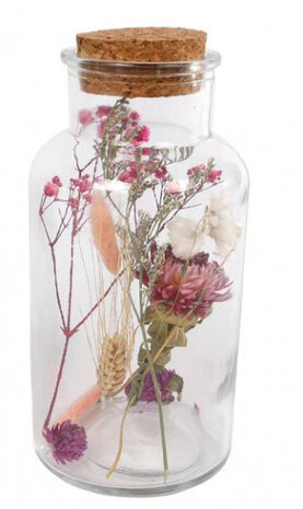 droogbloemen 8 x 8 x 16 cm glas/kurk roze