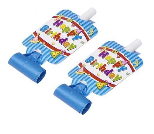 feestfluiten Happy Birthday roltong 6 stuks blauw