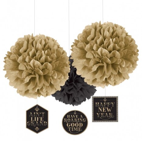 feestdecoratie pompoms nieuwjaar 40,6/17,8 cm 3-delig
