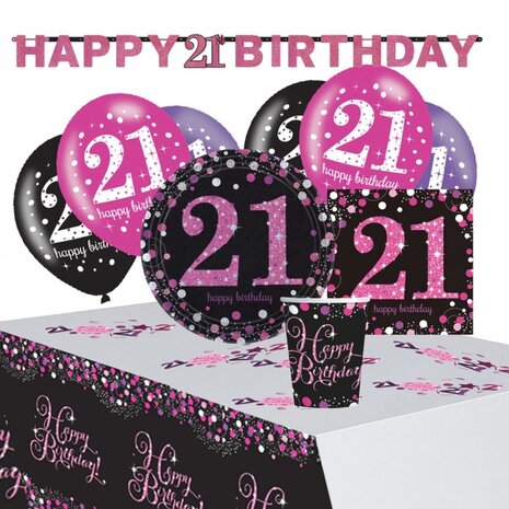 partypakket happy 21th birthday dames roze/zwart 41-delig