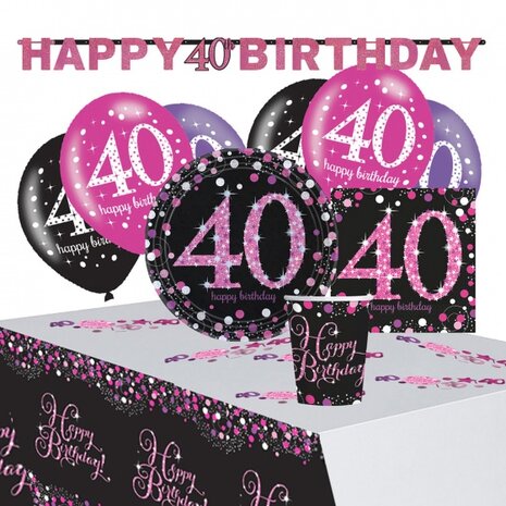 partypakket happy 40th birthday dames roze/zwart 41-delig