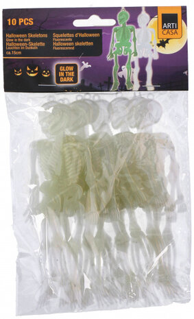 mini skelet glow in the dark 15 cm kunststof wit 10 stuks