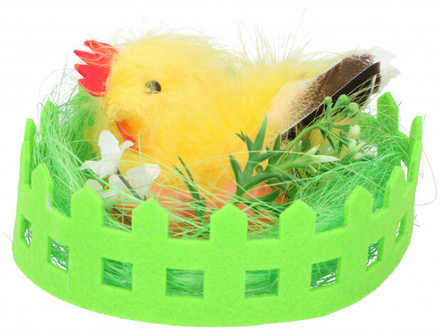 decoratie nestje met kip 14x6 cm groen/geel