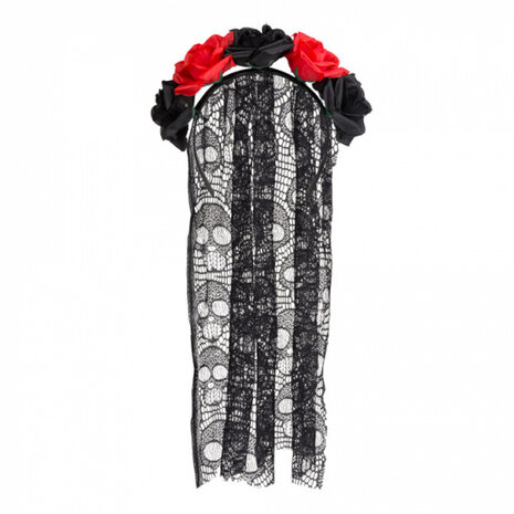 tiara met sluier doodshoofden polyester zwart one-size