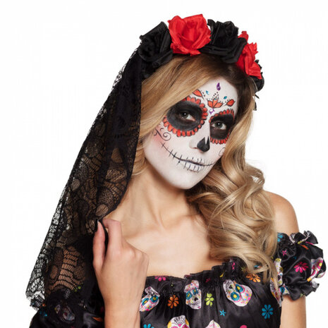tiara met sluier doodshoofden polyester zwart one-size