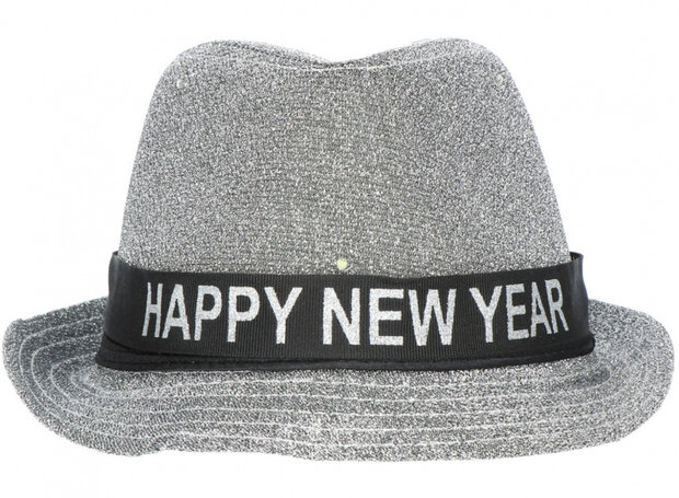 hoed Trilby Happy New Year lurex zilver/zwart one-size