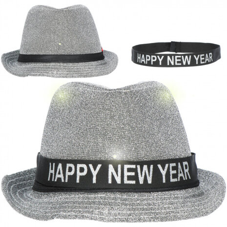hoed Trilby Happy New Year lurex zilver/zwart one-size