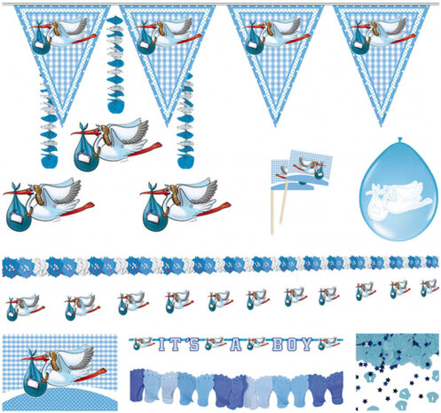 feestpakket geboorte jongen papier blauw/wit 18-delig
