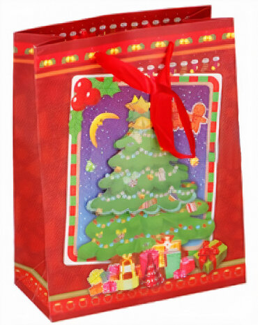 geschenktas kerstboom 23 x 18 cm papier rood