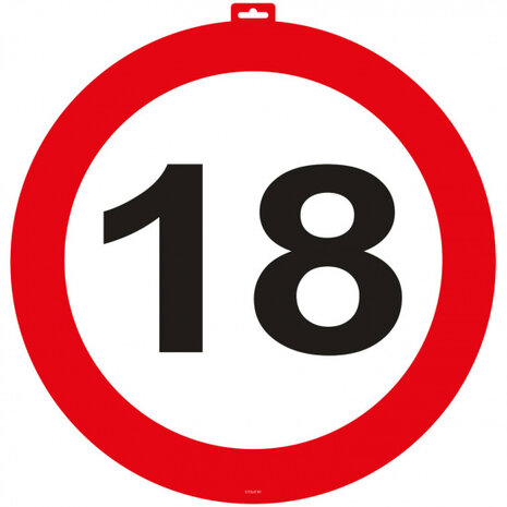deurdecoratie verkeersbord 18 jaar 47 cm rood/wit/zwart