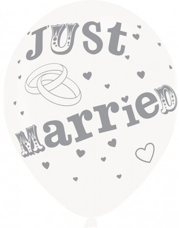 ballonnen Just Married 27,5 cm latex wit/grijs 6 stuks