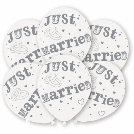 ballonnen Just Married 27,5 cm latex wit/grijs 6 stuks