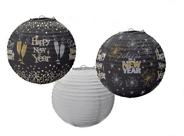 lampion Happy New Year 24 cm papier zwart/wit 3 stuks