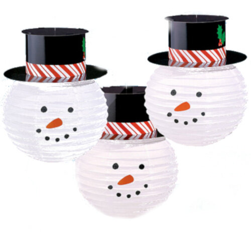 lampion Sneeuwpop 30 cm papier wit/zwart 3 stuks