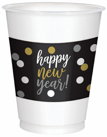 feestbekers New Year 473 ml zwart/goud/zilver 25 stuks