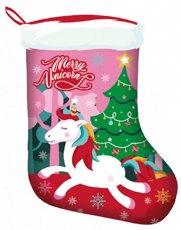 kerstsok Unicorn 42 cm polyester rood/roze