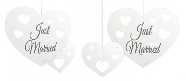 hangdecoratie Just Married harten karton wit 5 stuks