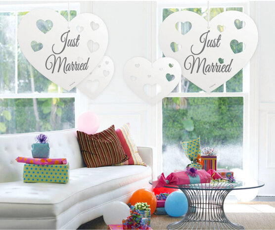 hangdecoratie Just Married harten karton wit 5 stuks
