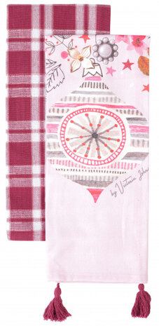 theedoek Kerstbal 45 x 65 cm katoen roze 2 stuks