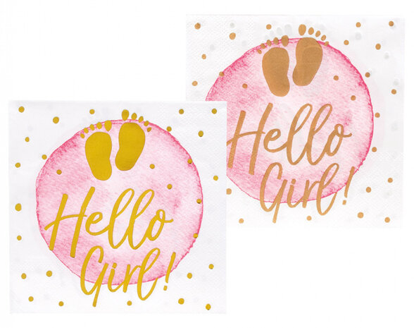 servetten Hello Girl! meisjes papier wit/roze 12 stuks