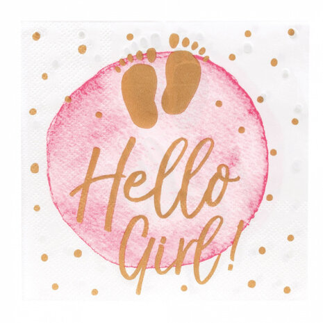 servetten Hello Girl! meisjes papier wit/roze 12 stuks
