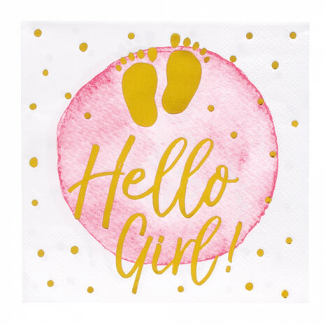 servetten Hello Girl! meisjes papier wit/roze 12 stuks