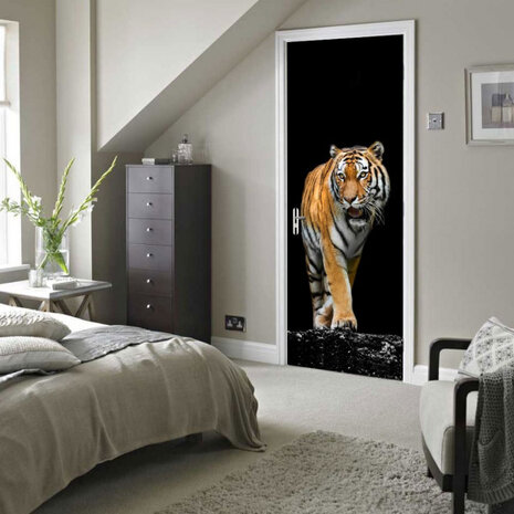 deurdecoratie sticker Tijger 200 cm zwart/bruin/wit