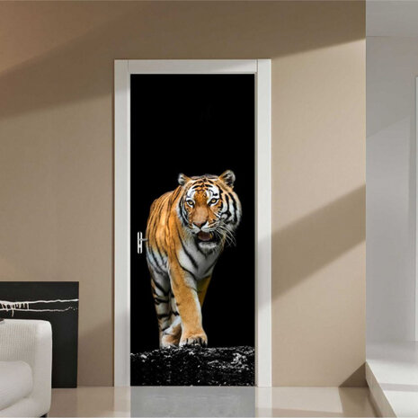 deurdecoratie sticker Tijger 200 cm zwart/bruin/wit
