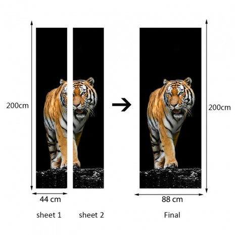 deurdecoratie sticker Tijger 200 cm zwart/bruin/wit