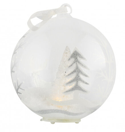kerstbal Kerstboom in sneeuw led 12 cm glas transparant