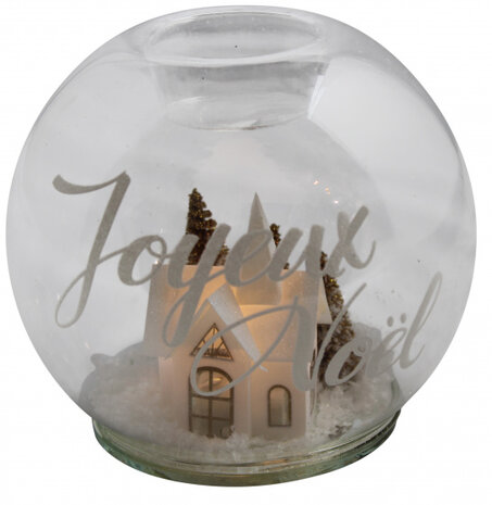 kaarshouder Joyeux Noel led 12 cm glas transparant