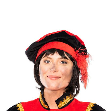 pietbaret met veer 56 cm katoen/fluweel rood/zwart