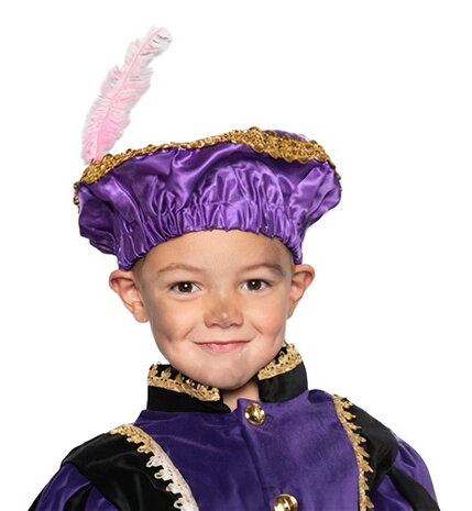 pietbaret met veer junior katoen/satijn paars