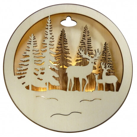 kerstdecoratie Herten schijf led 14,3 cm hout naturel