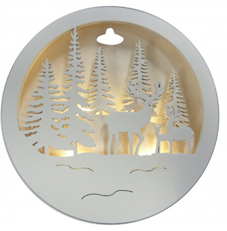 kerstdecoratie Herten schijf led 14,3 cm hout wit