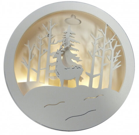 kerstdecoratie Hert schijf led 14,3 cm hout wit