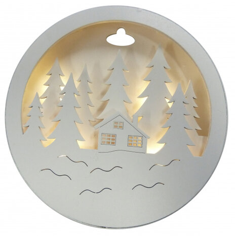 kerstdecoratie Huis schijf led 14,3 cm hout wit