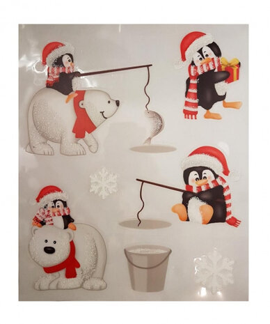 stickervel kerst pinguins 28,5 x 34,5 cm wit/rood
