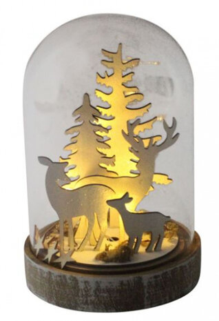 kerststolp rendier 5 led 12 cm glas/hout transparant