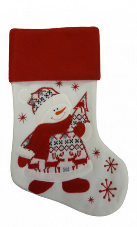 kerstsok Sneeuwpop 45 cm fleece rood/wit