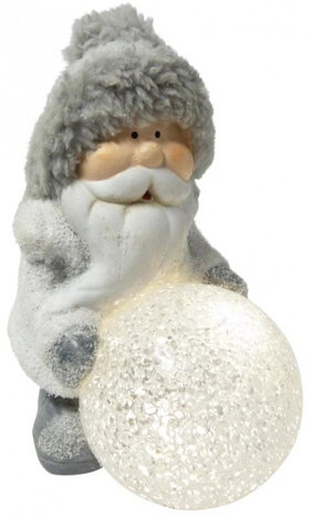 kerstbeeld Kerstman 15,5 cm led keramiek/pluche grijs
