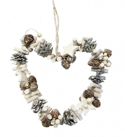 kerstkrans Hart 22 cm hout white-washed