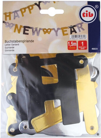 vlaggenlijn Happy New Year 150 cm goud/zilver/zwart