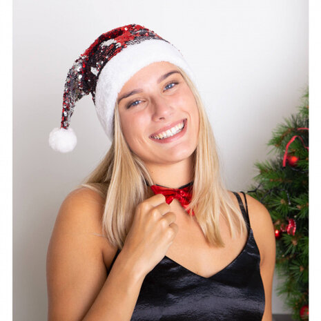 kerstmuts omkeerbare pailletten rood/zilver one-size