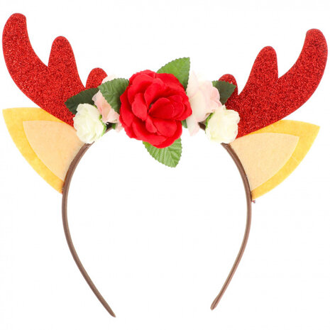 tiara Rendier met bloemen polyester rood/geel one-size