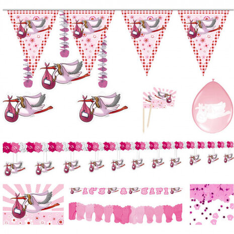 feestpakket geboorte meisje karton roze/wit 66-delig